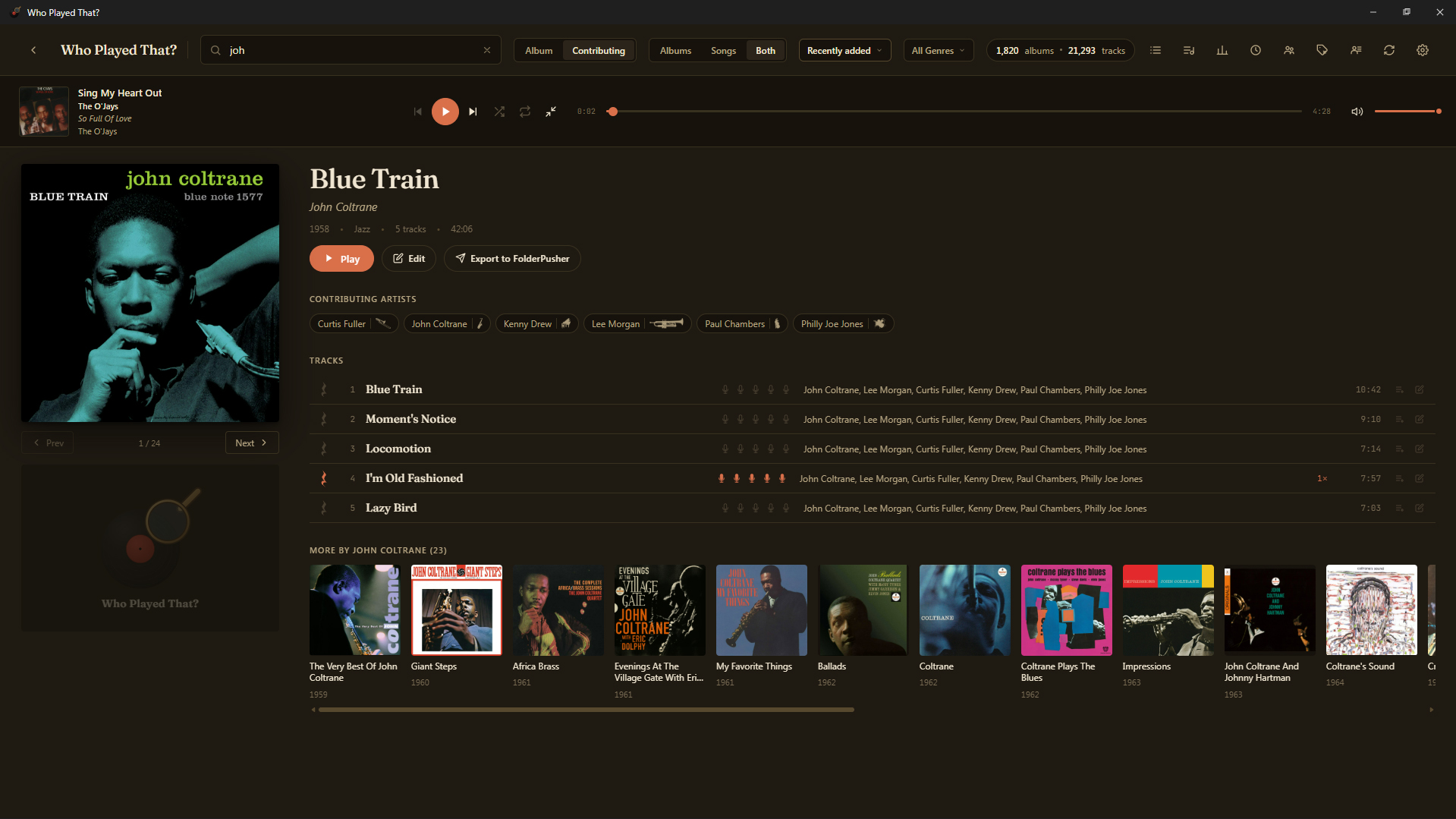 Album detail page with track list and contributing artists