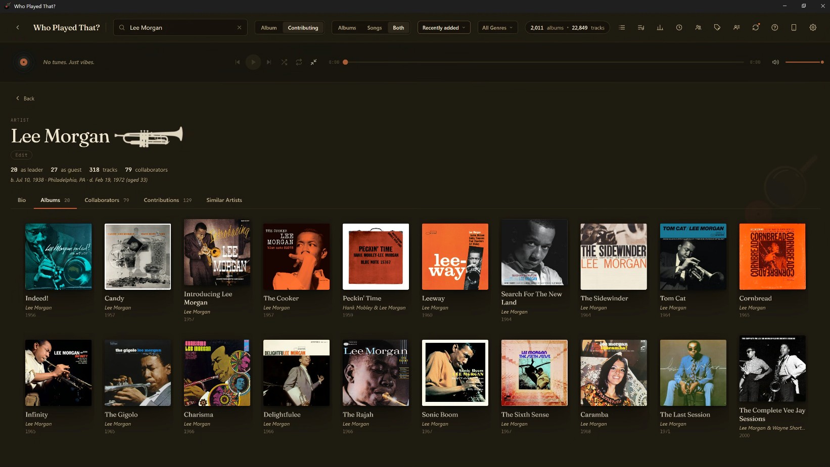 Artist page with Albums, Contributions, and Collaborators tabs