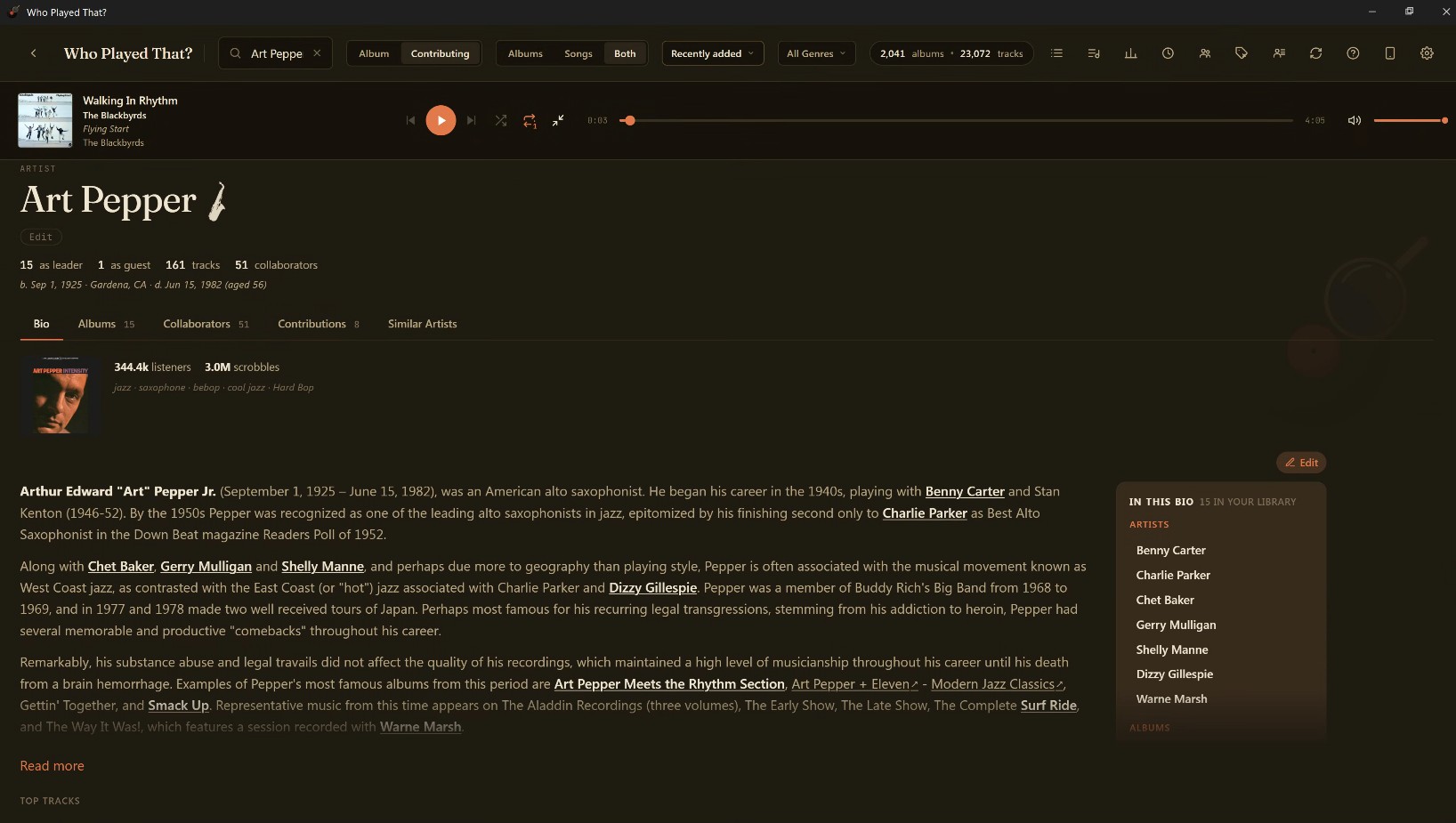 An artist's Bio tab: a Last.fm biography with an 'In this bio' index of every artist, album, and song the user owns, each one a link